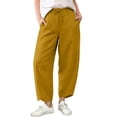 thumbnail image 5 of Summer Linen Pants for Women Harem Pants Barrel Trousers Straight Leg Pants Elastic Waist Trousers With Pockets Palazzo Loose Fit Split Hem Pants Capris Pants Boho Travel Pull-On Pants, 5 of 9