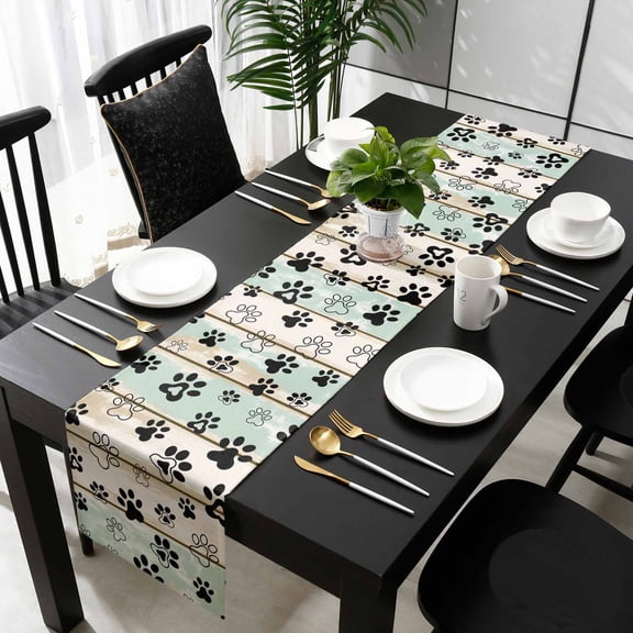 Sage Green Beige Farmhouse Table Runner 48 Inches Long - Black Dog Paw Vintage Wooden Kitchen Dining Burlap Linen Tablerunner for Small/Round/Square/Wedding/Coffee/Dining Table Party Décor 13 x 48