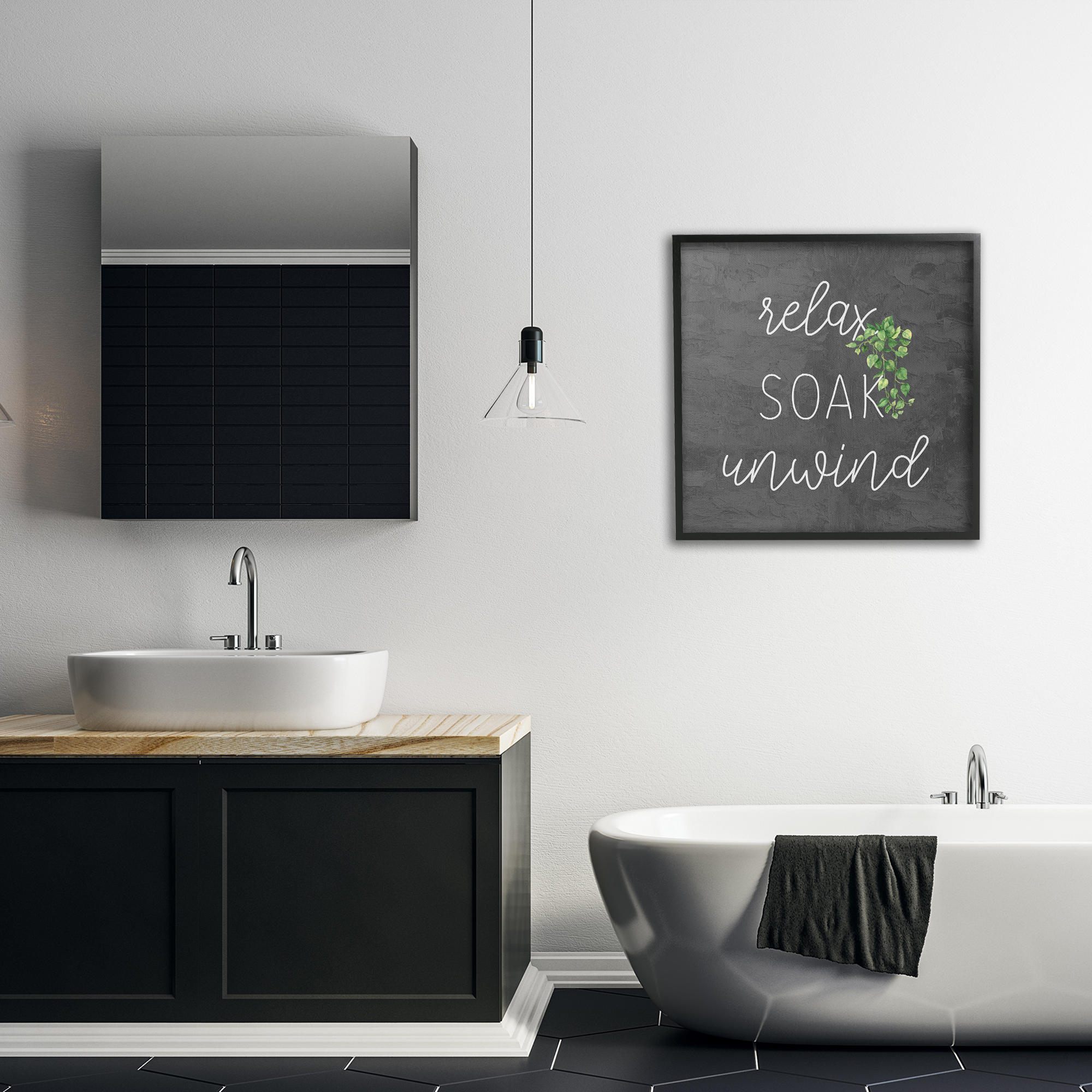Stupell Industries Relax Unwind with Botanicals Bath & Laundry Painting Black Framed Art Print Wall Art, 24 x 24