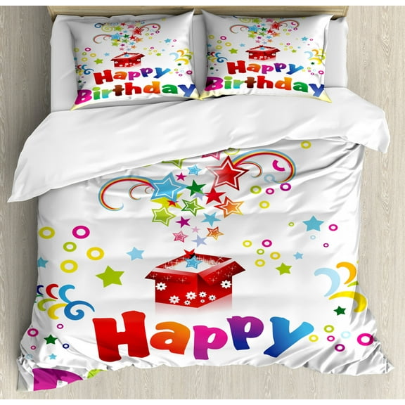 Birthday Duvet Cover Set Queen Size, Stars Swirls Spirals and Circles Coming Out of Present Surprise Boxes Happiness, Decorative 3 Piece Bedding Set with 2 Pillow Shams, Multicolor, by Ambesonne