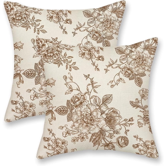 Brown Pillow Covers 20x20 Inch 2 Pcs Tan Vintage Floral Decor Throw Pillows Fall Chinoiserie Flower Leaves Plant Seasonal Outdoor Decoration Pillowcase Linen Cushion Cover for Couch Sofa Bed