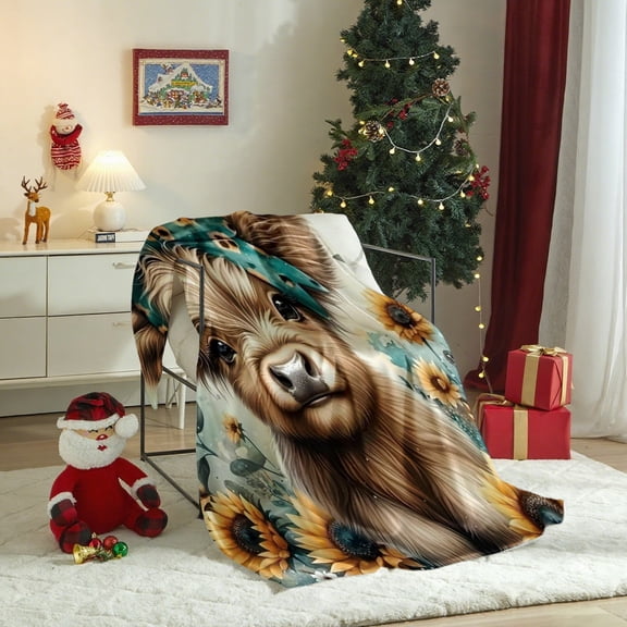 Highland Cow & Sunflower Fleece Throw – Ultra Soft Plush Flannel for Couch/Bed/Travel | Rustic Farmhouse Blanket  Perfect Gift for Cow Lovers/Country Home Fans add Same printed canvas bag