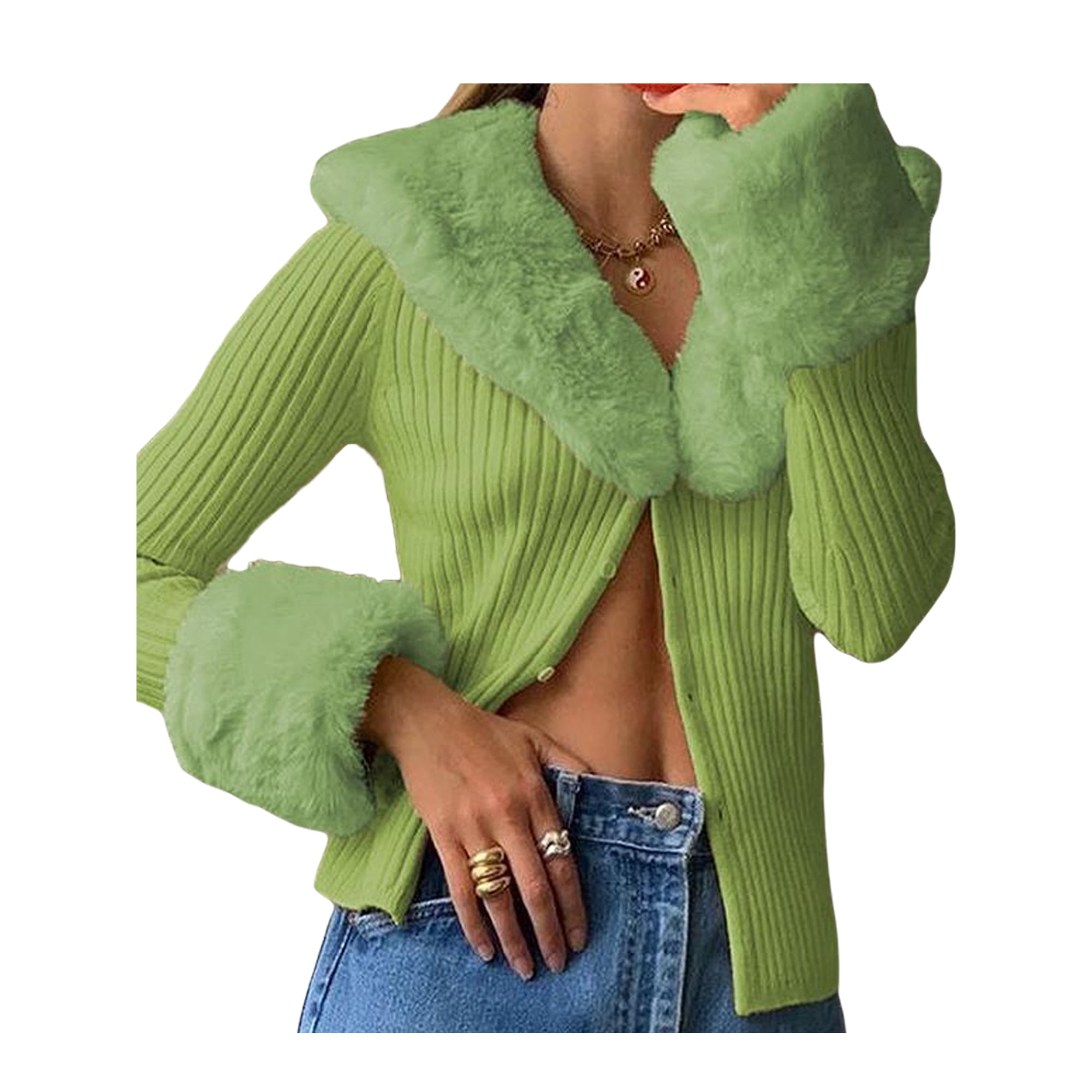Aunavey Womens Fluffy Sleeve V-Neck Cropped Knit Cardigan Sweater Tops with  Faux Fur Trim Collar Cuffs - Walmart.com