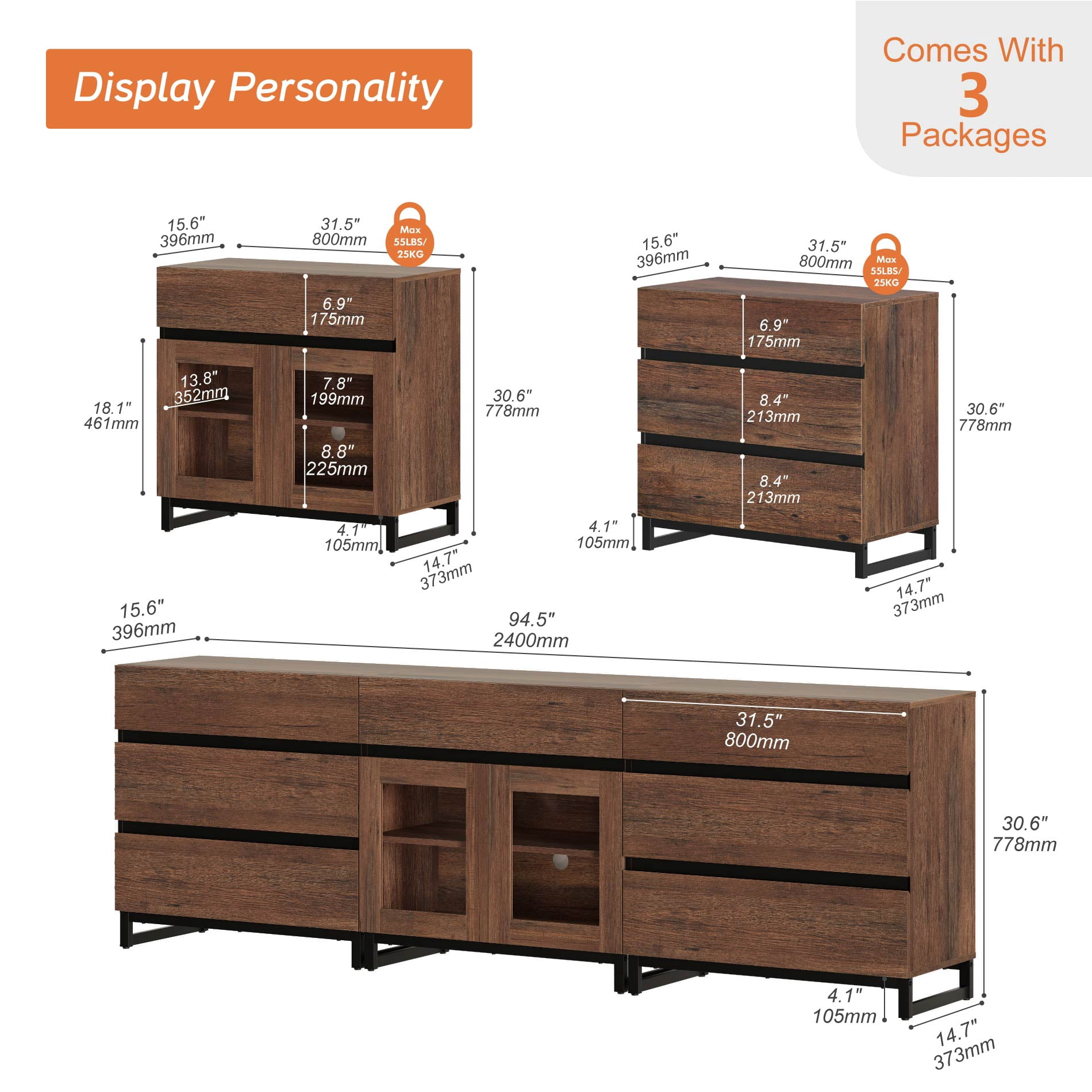 3 In 1 Sideboard Buffet Cabinets With Glass Doors And 7 Drawers, Modern Sideboard Credenza With Adjustable Shelf And Metal Base, Coffee Bar Cabinet Storage Cabinet For Living Room, Kitchen