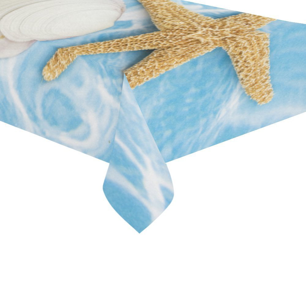 Round Tablecloth Beach Starfish Sea Shell Blue Navy White Cotton Sateen 