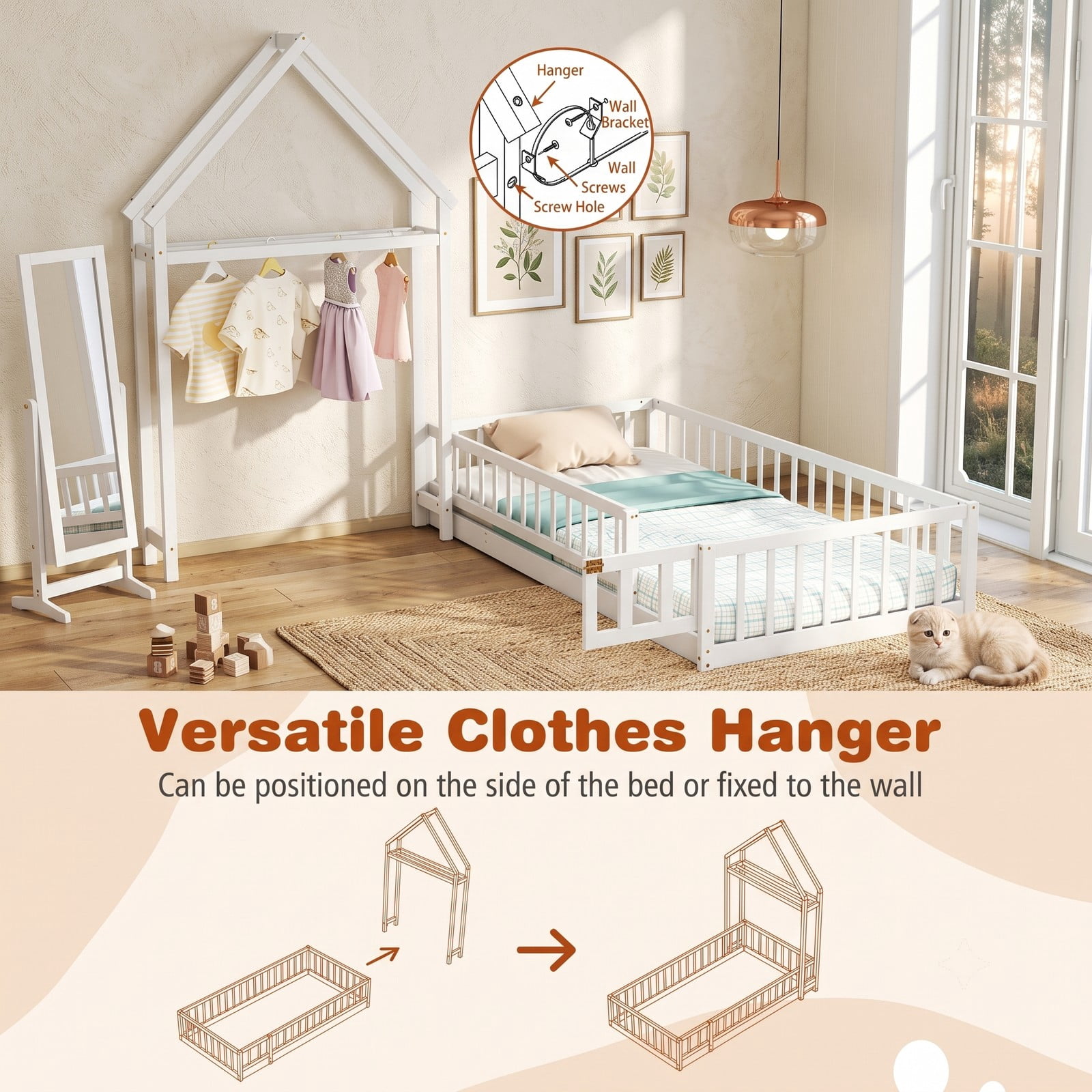 Furnibear Full Size House Floor Bed with House-Shaped Frame and Full-Length Fence Guardrails, Montessori Floor Bed for Kids Room, White