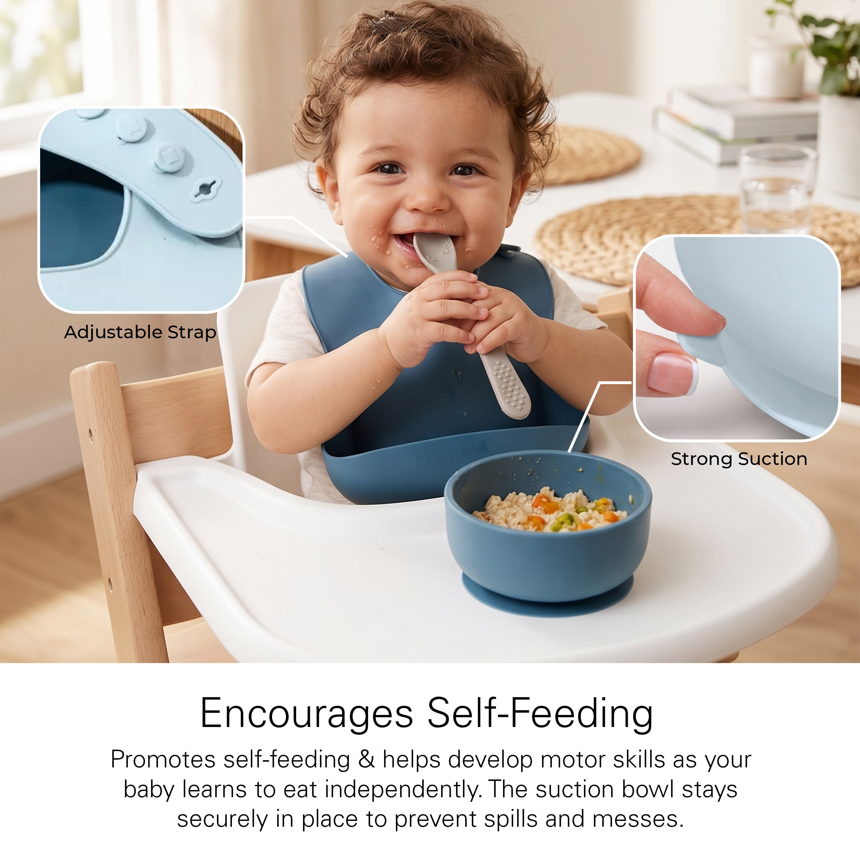 Baby Feeding Set, Silicone Bib, Bowl & Spoons for Self-Feeding First Stage Baby Essentials – Gum Friendly, BPA-Free, Easy to Clean & Safe for Babies, Blue