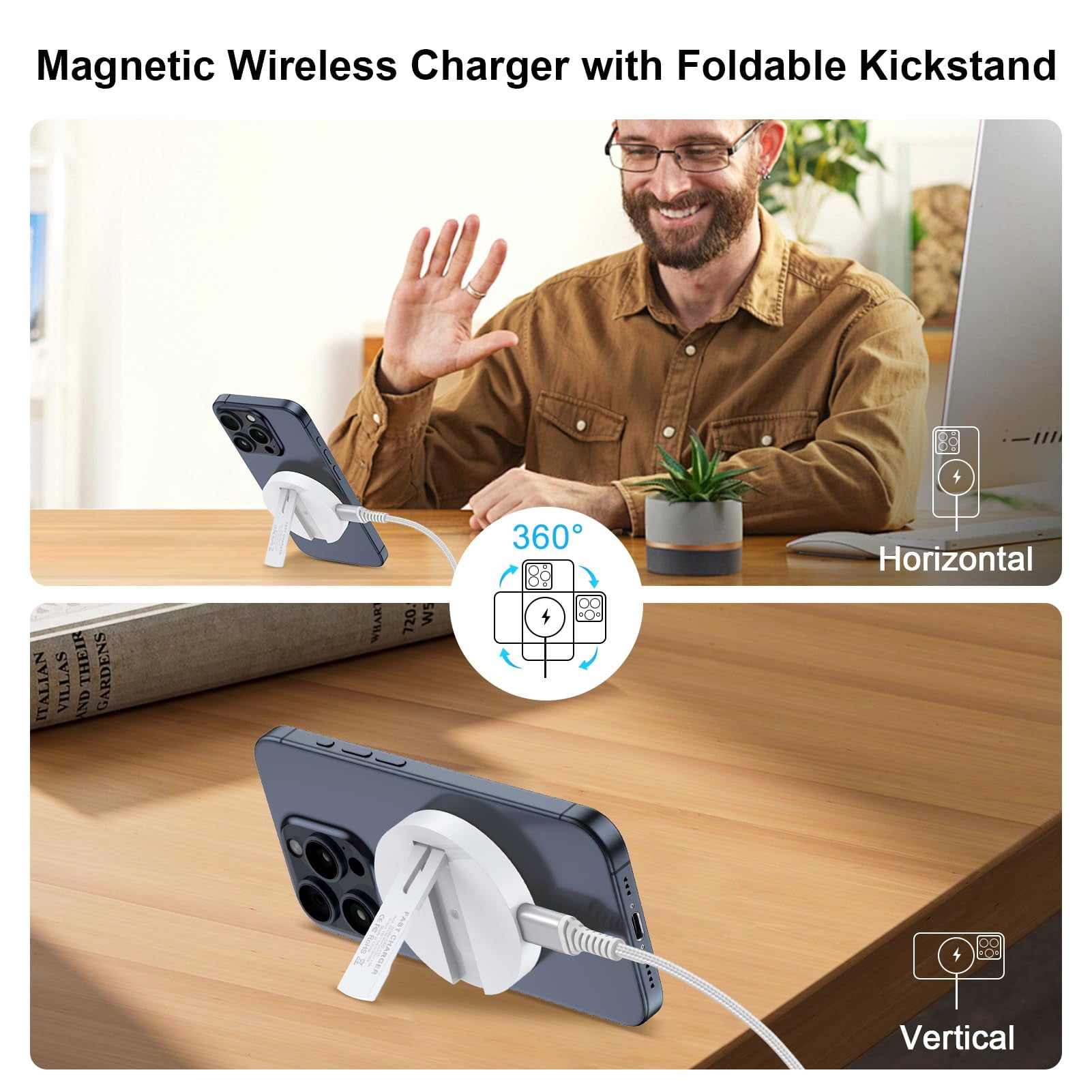 ABCPOW 2Pack Wireless Charger Stand,15W Magnetic Fast Charger Pad Mat MagSafe Wireless Charging Station Android Wireless Charger Holder Dock Compatible for iPhone 17 16 15 Samsung Galaxy S25 S24 S23