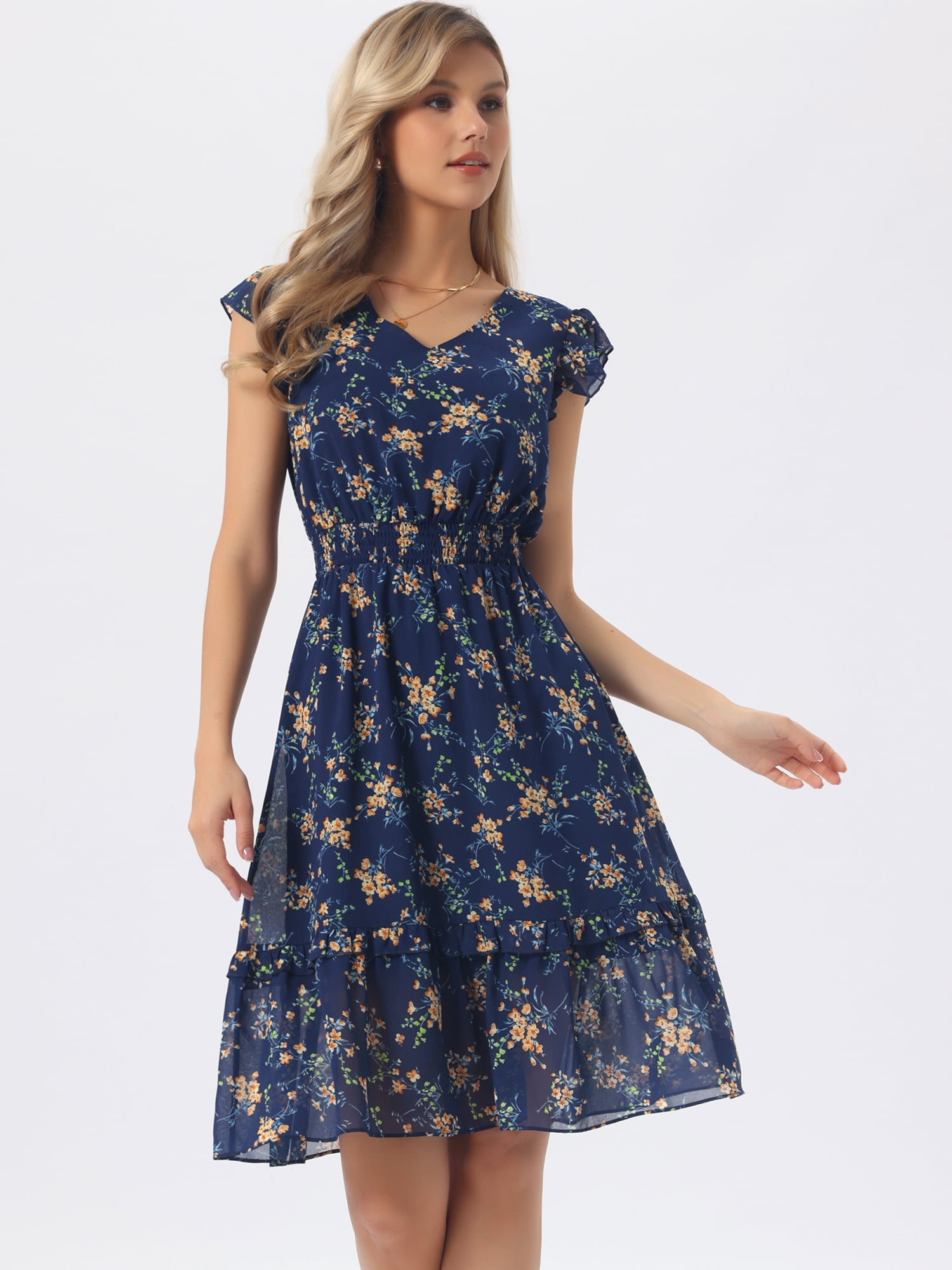 DARING DIVA Women's Floral Summer V Neck Flutter Sleeve Ruffle Dress XS Navy Blue