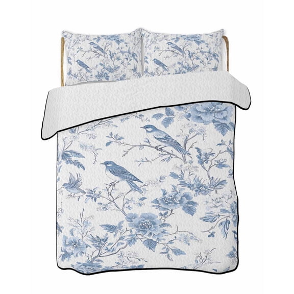 White Blue Spring Floral Summer Quilt Set King Size, Soft Microfiber Quilted Bedding Set with 2 Pillow Shams, Summer Birds Botanical Lightweight All Season Bedspread Coverlet for Bedroom 96"x106"