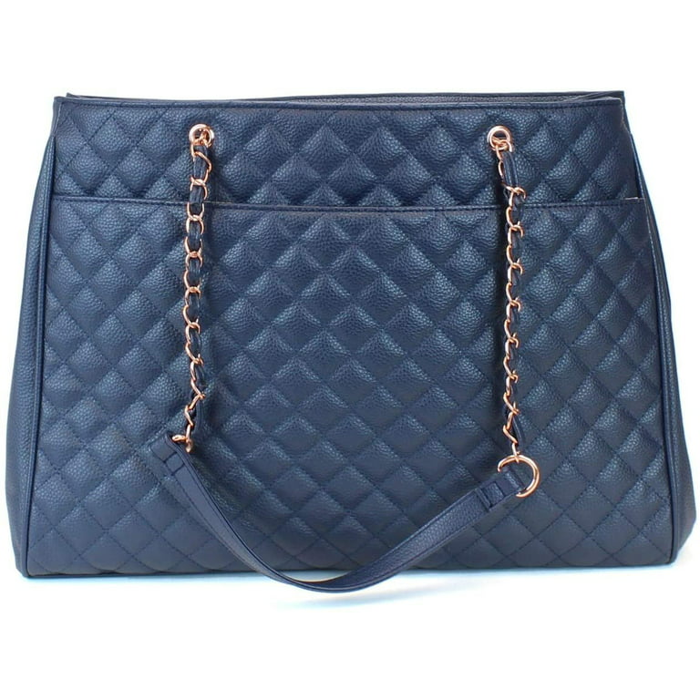 Women's Large Travel Tote Quilted Purse and Work Laptop Handbag - Rose Gold  Hardware With Satin Interior - Dark Blue 
