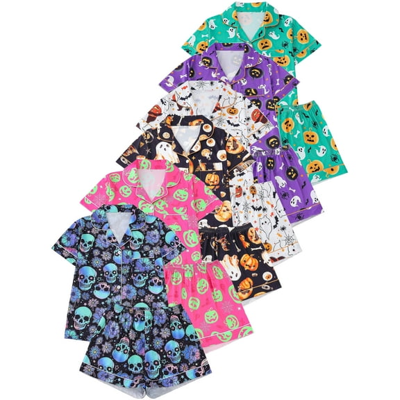 WIBACKER S-2XL Halloween Womens Pajamas Set Short Sleeve Button Down 2 Piece Loungewear Sets Floral Skull Sleepwear