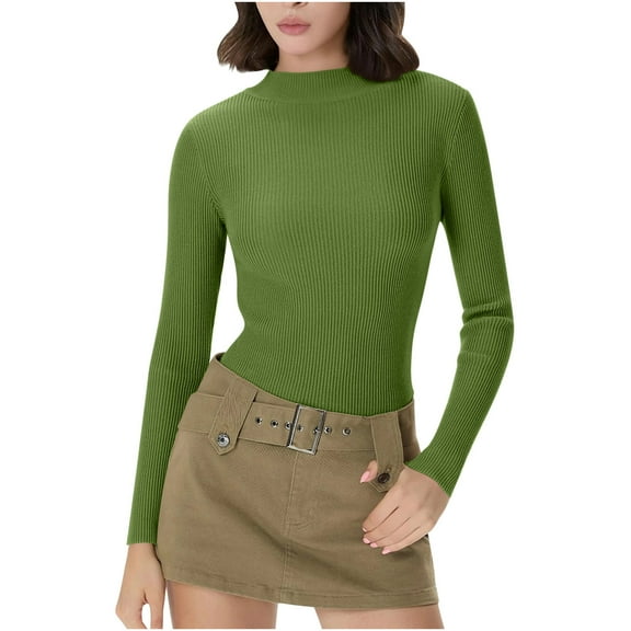 Sexlip Womens Turtleneck Blouse Long Sleeve Ribbed Design Soft Fabric Slim Silhouette for Daily Wear Green S