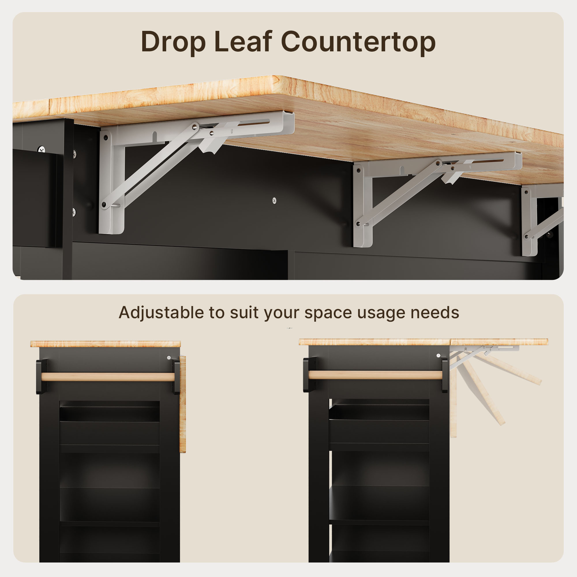 Kitchen Island with Storage, Lofka 41.7” Kitchen Island Cart with Drop Leaf, 1 Removable Tray, 2 Shelves, 1 Cabinet, Black