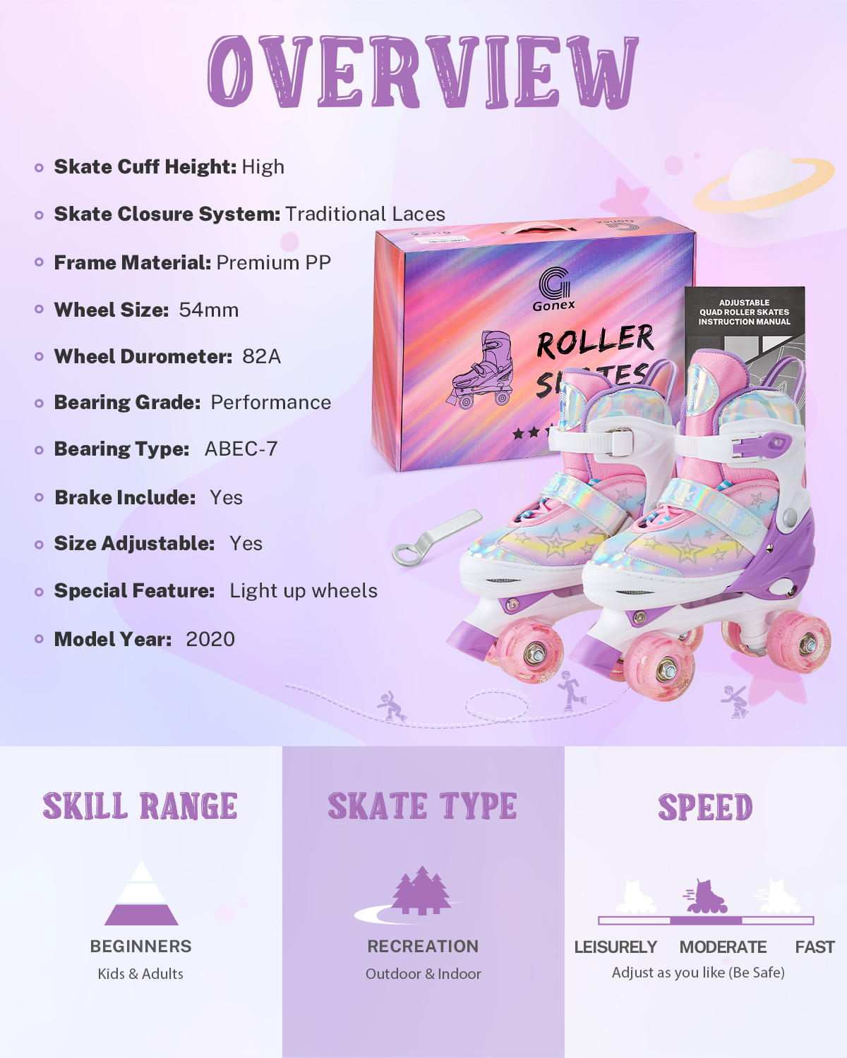 Gonex Roller Skates for Girls Boys 4 Size Adjustable Quad Skates with Light up Wheels