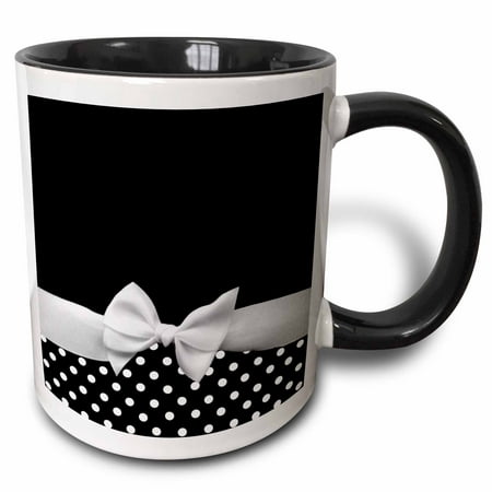 3dRose Cute fifties style black and white polka dot pattern with elegant sophisticated white ribbon bow - Two Tone Black Mug, 11-ounce