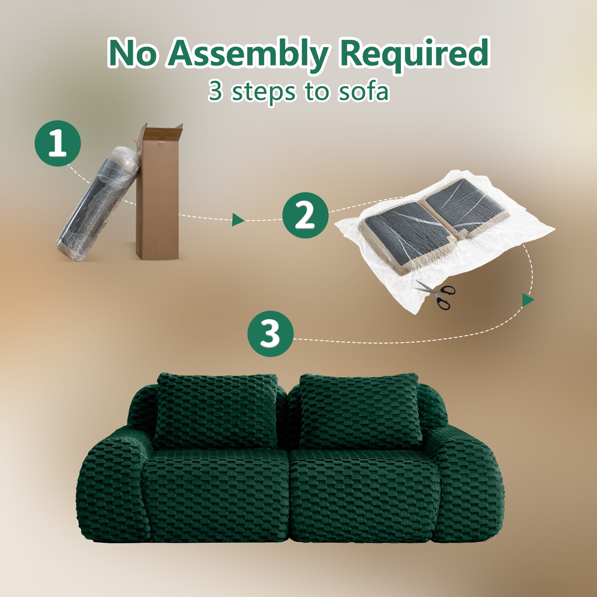 Aukfa 82" Overstuffed Cloud Sectional Sofa Modular Boneless Couch Loveseat for Living Room, 2 Pillows, Flannel, Green