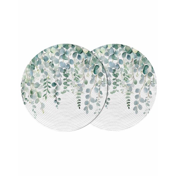 Eucalyptus Leaves Round 15 Inch Placemats Set of 2, Teal Botanical Summer Weeping HeatResistant Non Slip Place Mats for Dining Table, Wipeable Braided Kitchen Table Mats for Housewarming