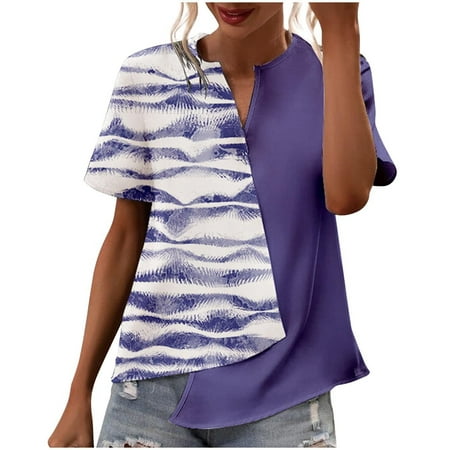 

kakina CMSX Henley Shirts for Women Short Sleeve Split Neck Asymmetric Patchwork Print Casual Shirts Blouse Tops Plus Size Summer Tops Purple XL