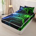 thumbnail image 2 of Erosebridal Neon Game Controller Pattern Zipper Twin Comforter Sets with Fitted Sheet and 2 Pillowcases,Cube Block Print Zipper Bedding Set,Royal Blue Green,Black Reversible, 2 of 6