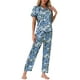 thumbnail image 4 of Conjunto de pijama de satén para mujer INSPIRE CHIC, top de seda de manga corta y pantalones, 2 piezas, pijamas XS, flores azules, 4 of 6