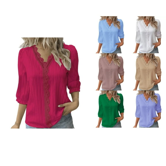 Ahuyic Womens Long Sleeved Blouse V-Neck Fall/Winter Warm Tops For Women, Fashion Womens V-Neck 3/4 Sleeve Casual T-shirt Solid Color Blouse Top For Women,XXL