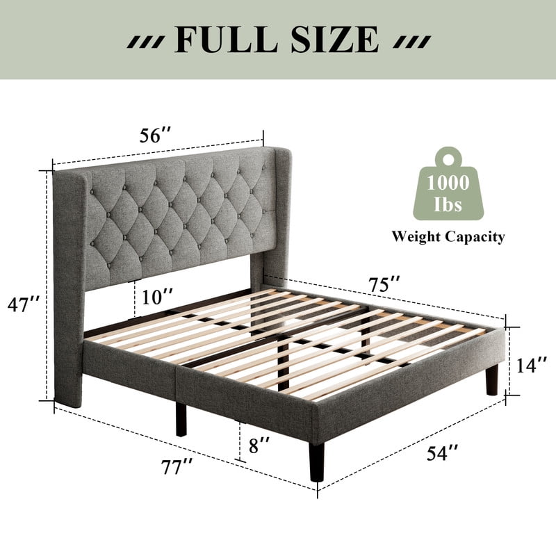 iPormis Full Size Bed Frame with Diamond Button Tufted Wingback Headboard, Upholstered Platform Bed Frame with Strong Wood Slat Support, No Box Spring Needed, Light Gray