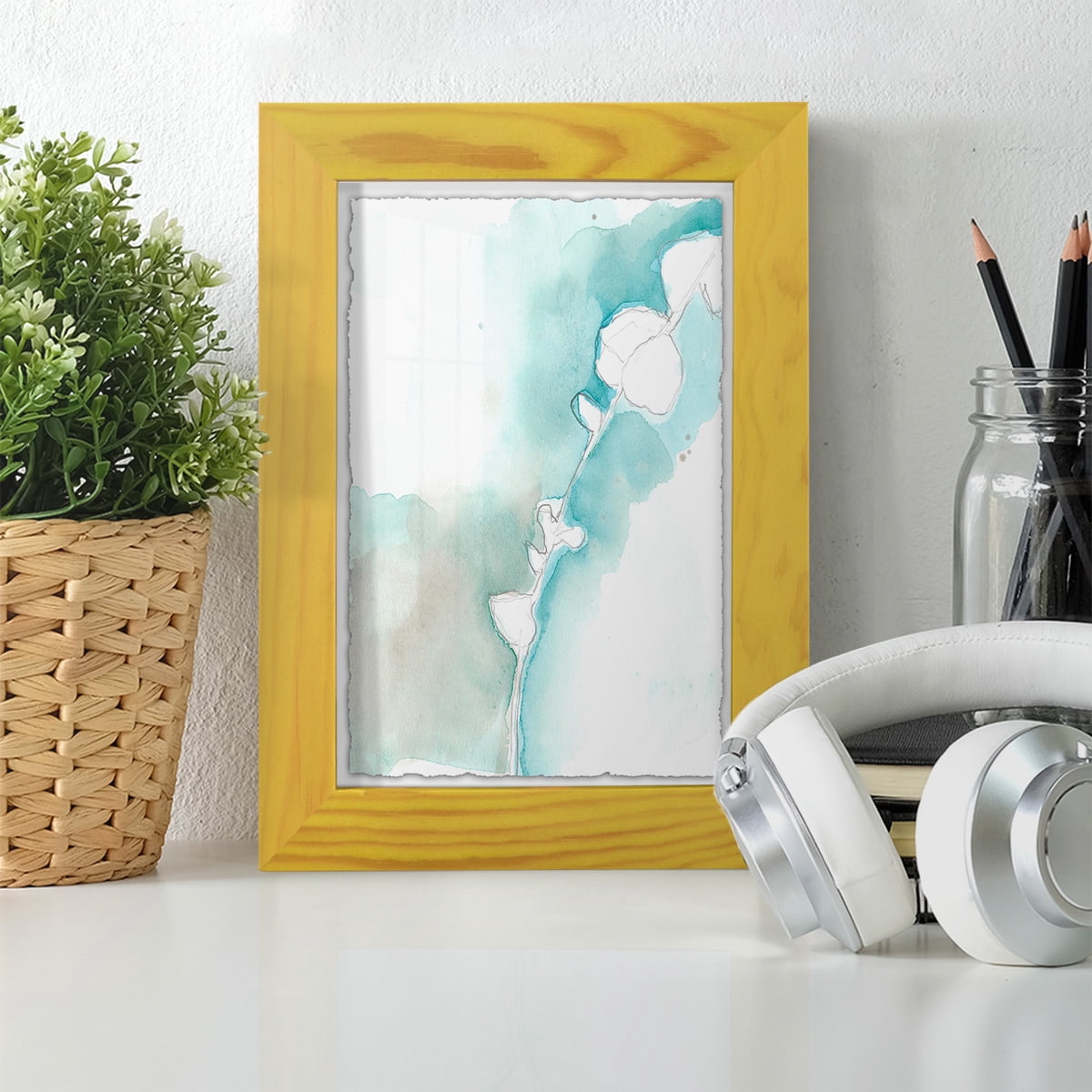 Ginkgo on Dusty Teal VII - Framed Print w/glass - Sunflower Yellow