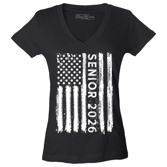 Shop4Ever Women's Senior 2026 American Flag Slim Fit V-Neck T-Shirt Large Black