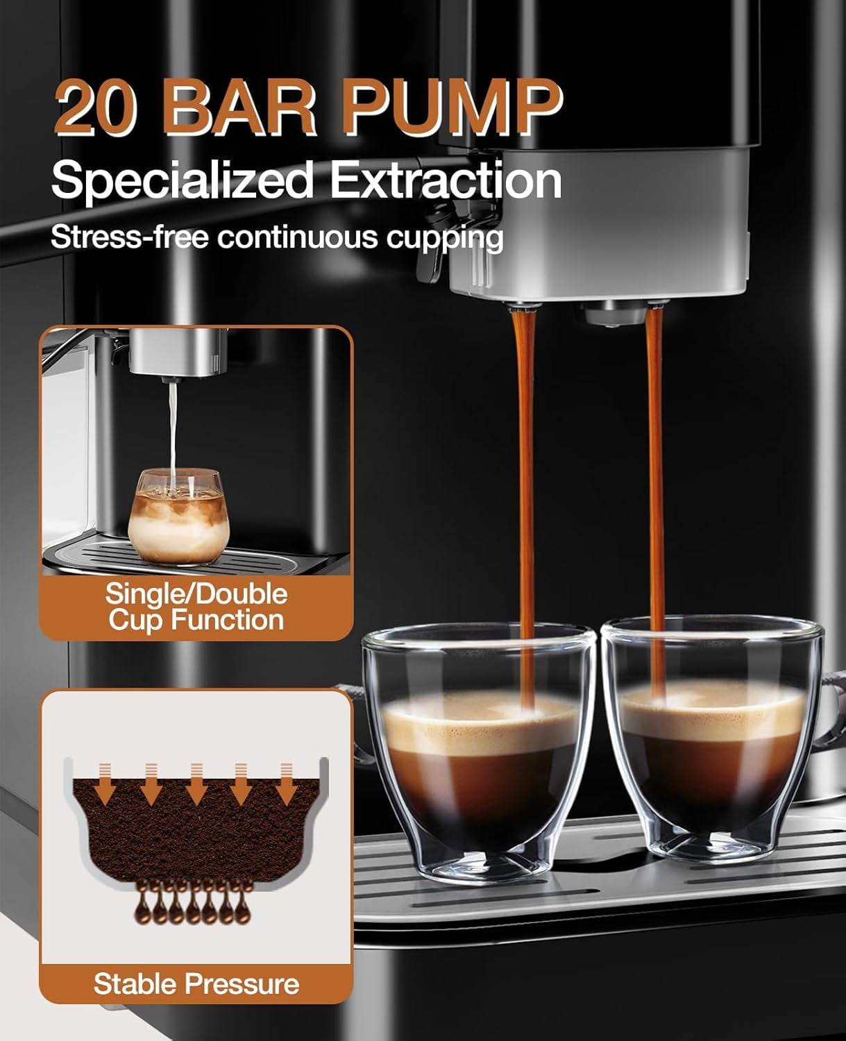 Acekid Automatic Espresso Machine with Milk Frother & Espresso Bean Grinder, 20 Bar Latte Machine, Touch Screen Coffee Machine, 1.5L Water Tank