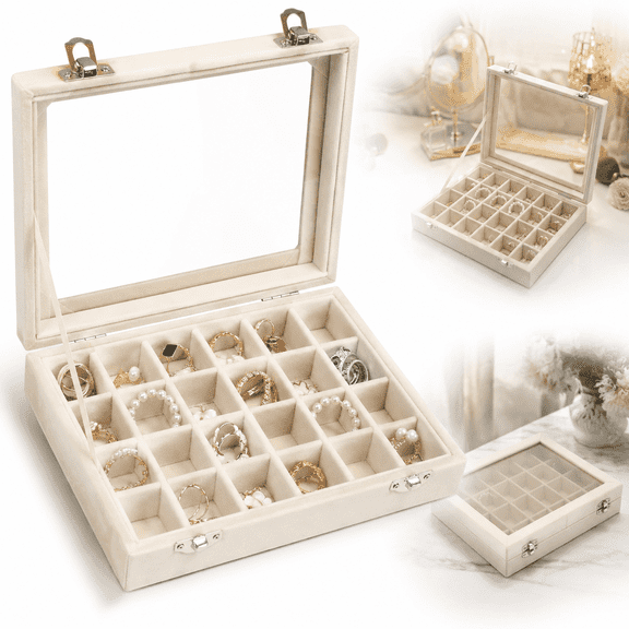 Ustris Velvet Jewelry Box 24 Grid Jewelry Ring Display Organiser Box Tray Holder Earrings Storage Case for Girls Wife Mom Women (Beige)