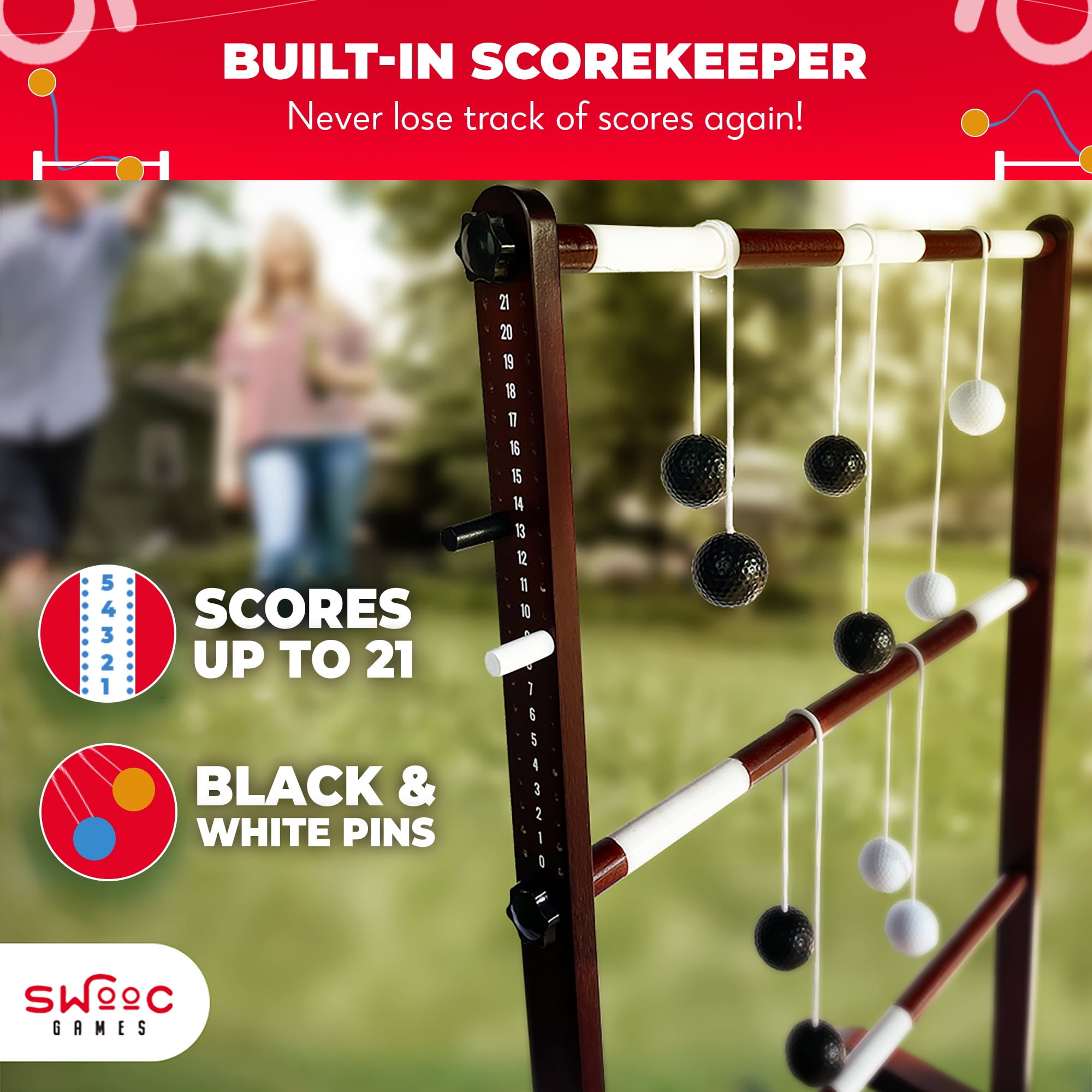 Swooc Games® - Premium Wooden Ladder Ball Game Set (Weather Resistant) - 10 Games Included & Carrying Case - Easy, No Tool Assembly - Ladder Toss Outdoor Game - Hillbilly Golf Backyard Fun