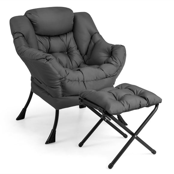 Gymax Lazy Sofa Chair Accent Leisure Armchair with Folding Footrest & Storage Pocket Grey