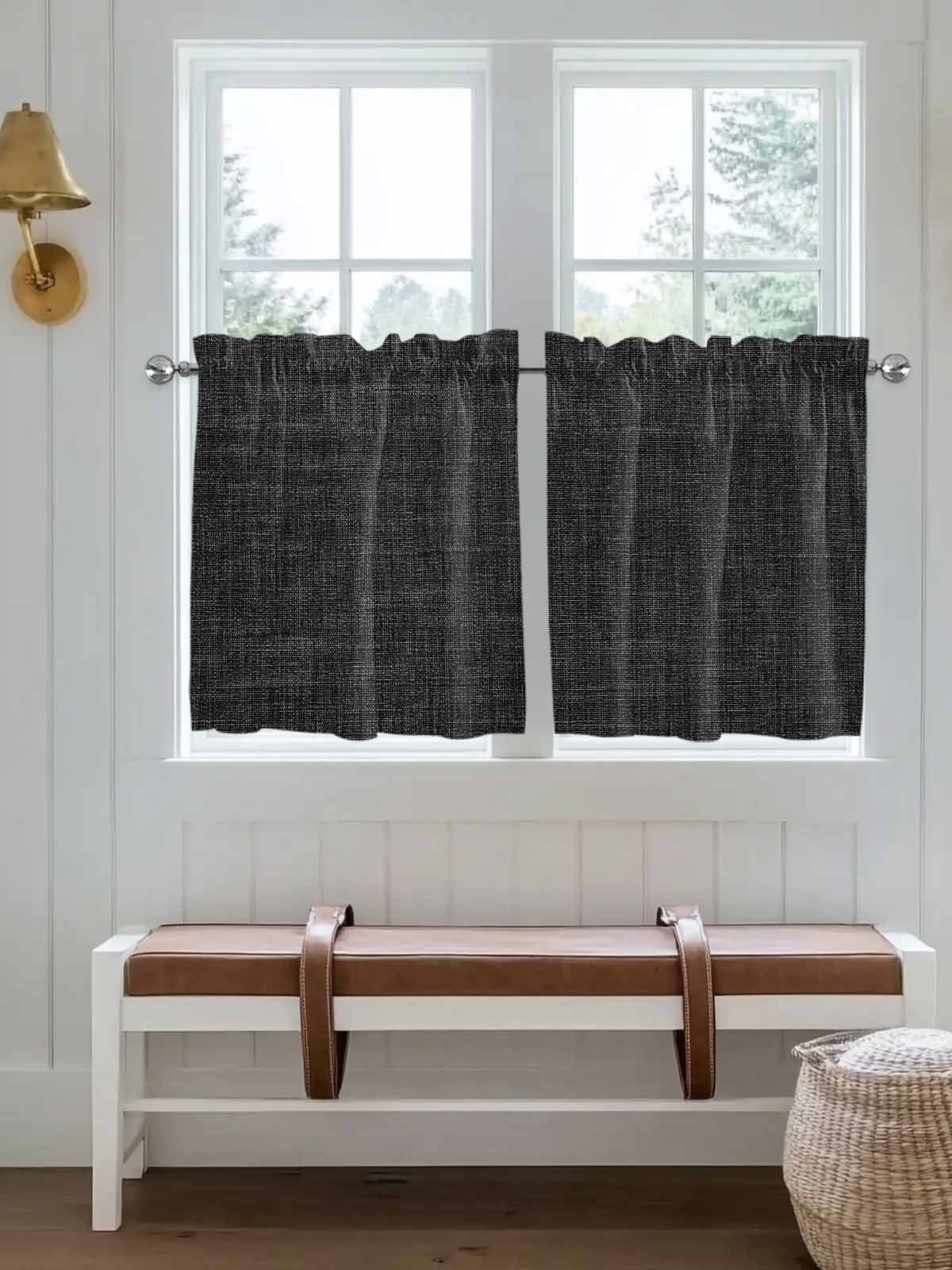 Black Half Window Curtain 36 Inches Long, Farmhouse Burlap Solid Black Color Modern Linen Texture Window Treatment Curtain Drapes, Small Tier Curtains for Bathroom Over Sink, 27.5"x36", 2 Panels