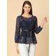 thumbnail image 2 of AllegK Blusas Tops Peplum De Encaje Semitransparente De ManLarCon CintuAnudaPaMujer Azul oscuro S, 2 of 6