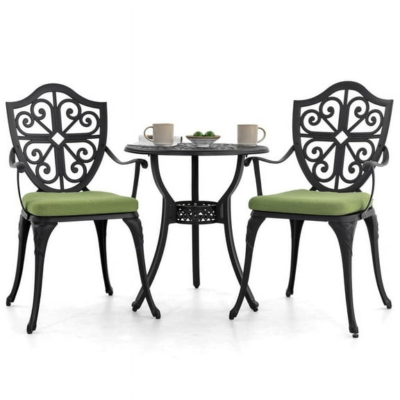 Nuu Garden 3 Piece Cast Aluminum Outdoor Bistro Set, Patio Bistro Set with Cushions and Umbrella Hole Rust-Resistant Outdoor Dining Set, Black&Green