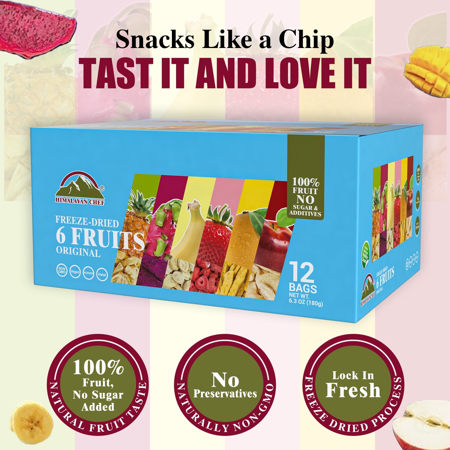 Himalayan Chef Freeze-Dried Fruit Mix (12 Bags) | Healthy Snack for Kids & Adults, 6 Assorted Fruits: Banana, Apple, Mango, Pineapple, Strawberry & Dragon Fruit