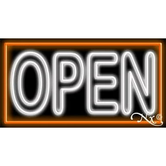 Double Stroke White Open With Orange Border LED Neon Sign 13 x 24 - inches, Black Square Cut Acrylic Backing, with Dimmer - Bright and Premium built indoor LED Neon Sign for storefront.