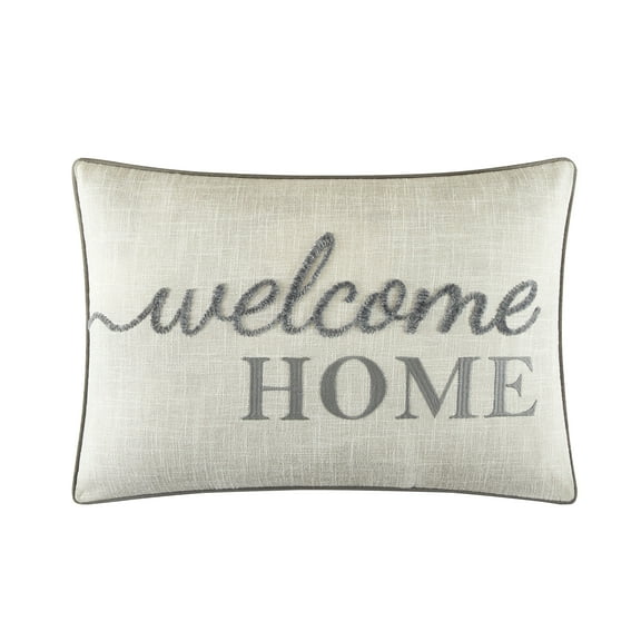 Mainstays Welcome Home Faux Linen Embroidered Decorative Pillow For Adults, Gray, 14 x 20