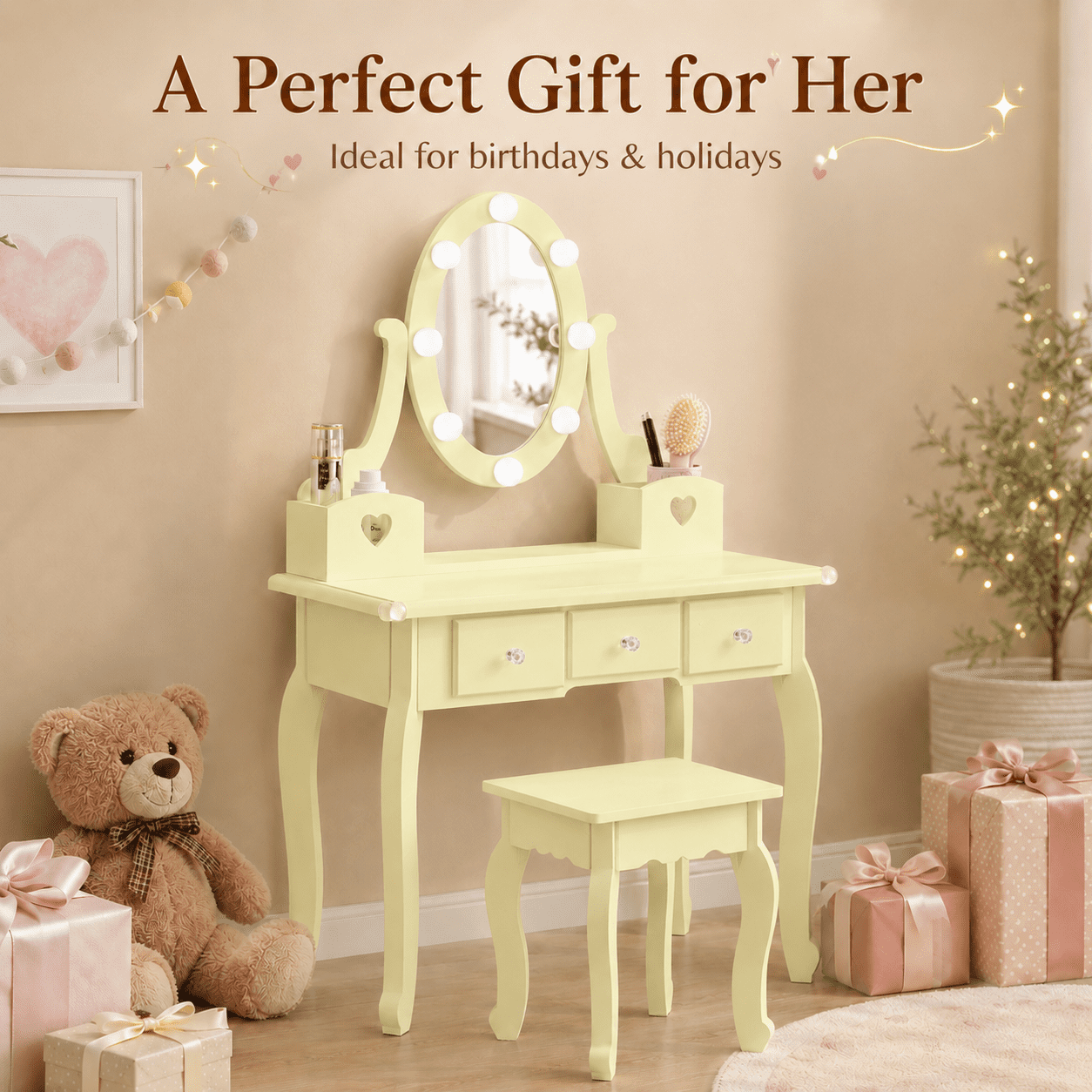 Ktaxon Kids Play Makeup Vanity Set with 3-Color Light, Girls Vanity Dresser Desk with Matching Stool, Light Yellow