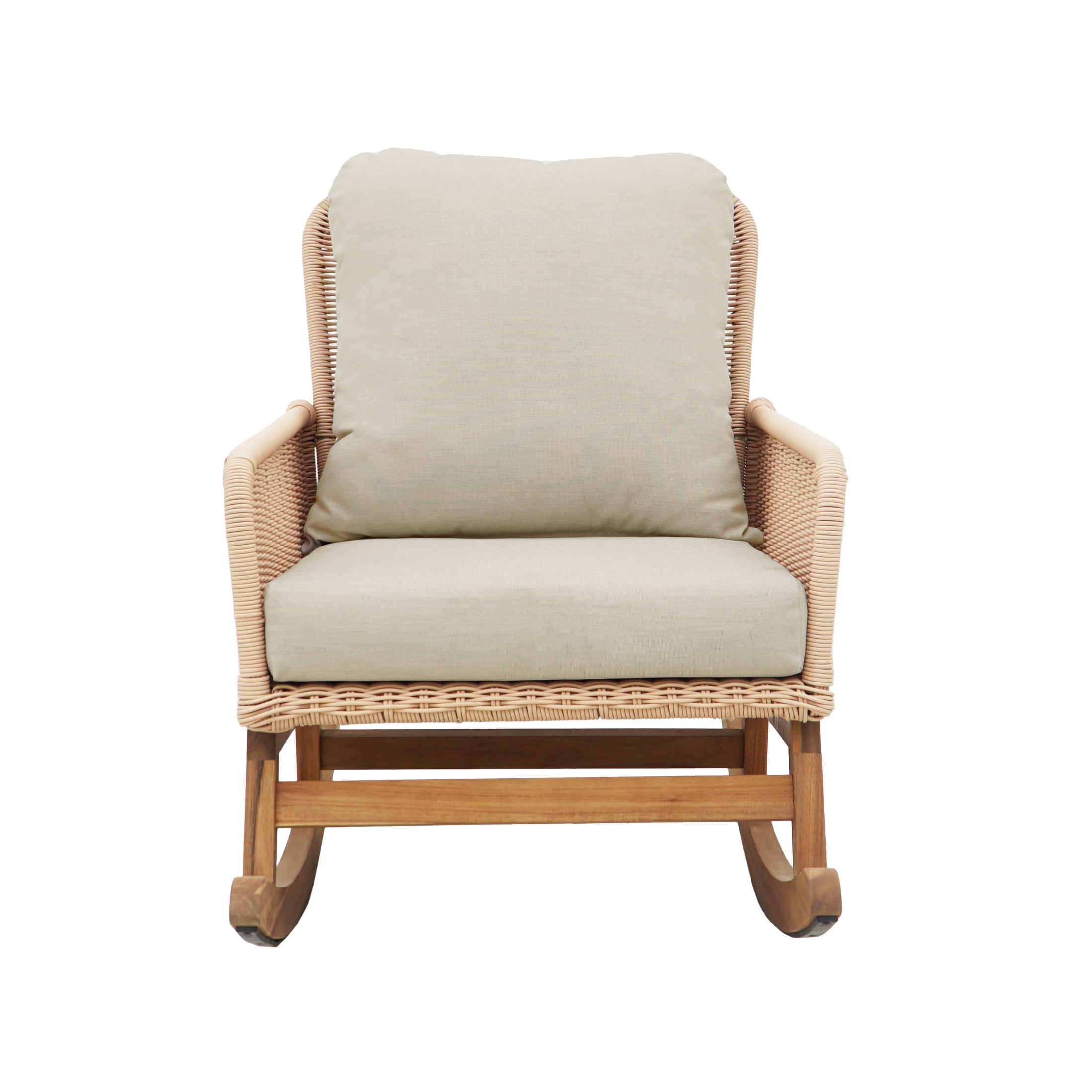 Blaire Outdoor Patio Wicker Rocking Chair with Cushions, Solid Wood Frame, Beige