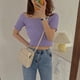 thumbnail image 4 of Camiseta de punto Mujer Camiseta de manga corta con cuello cuadrado Camiseta ajustada de color sólido, Morado tholdsy AP001600-02B, 4 of 7