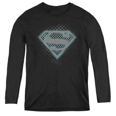 Womens Checkerboard - Trevco Sportswear SM1968-WL-2 Womens Superman & Checkerboard Long Sleeve T-Shirt, Black - Medium