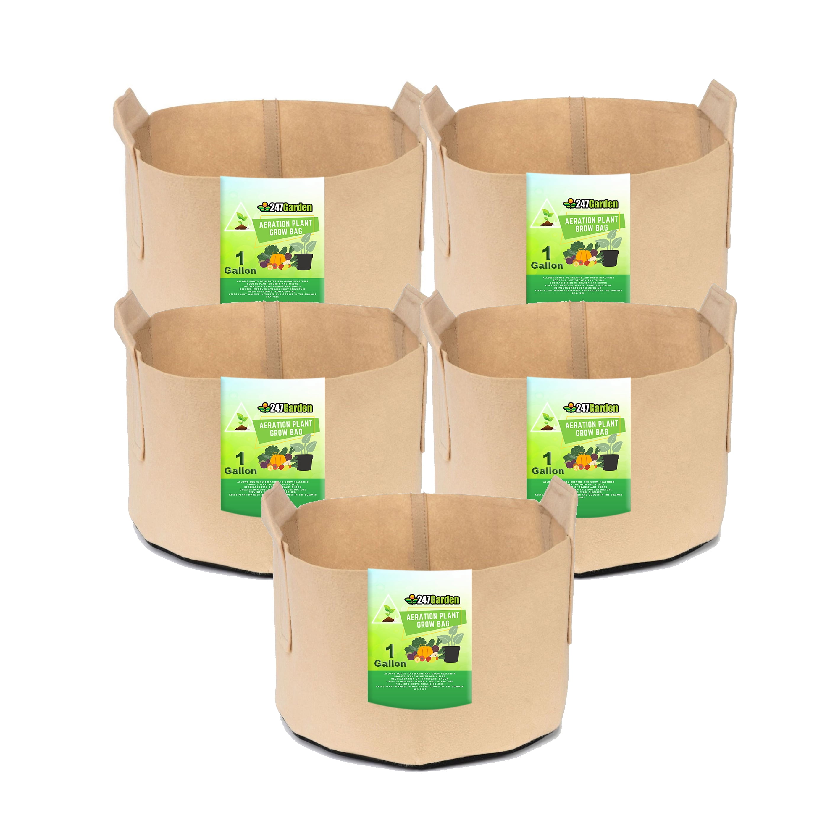 24/7 Garden 1Gallon Grow Bags / Fabric Pots / Flower Planters (Tan) (5