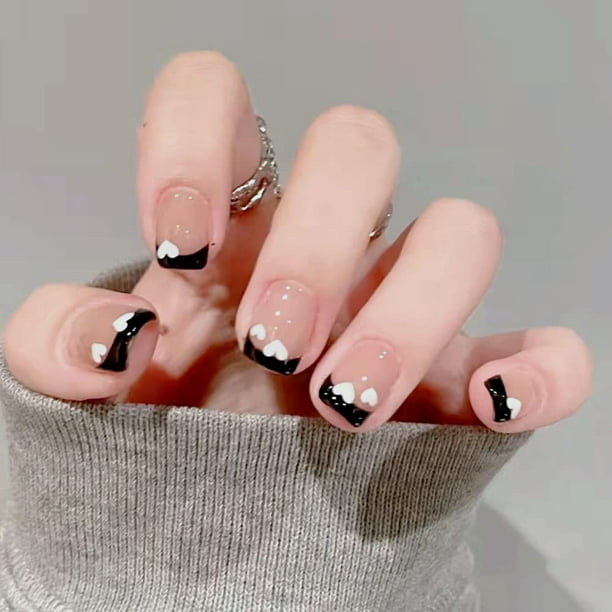 False Nail Art Salon Manicure Set with Design Black White French Tip  Acrylic Full Cover Short Stick on Nails for Women Girls 24Pcs 