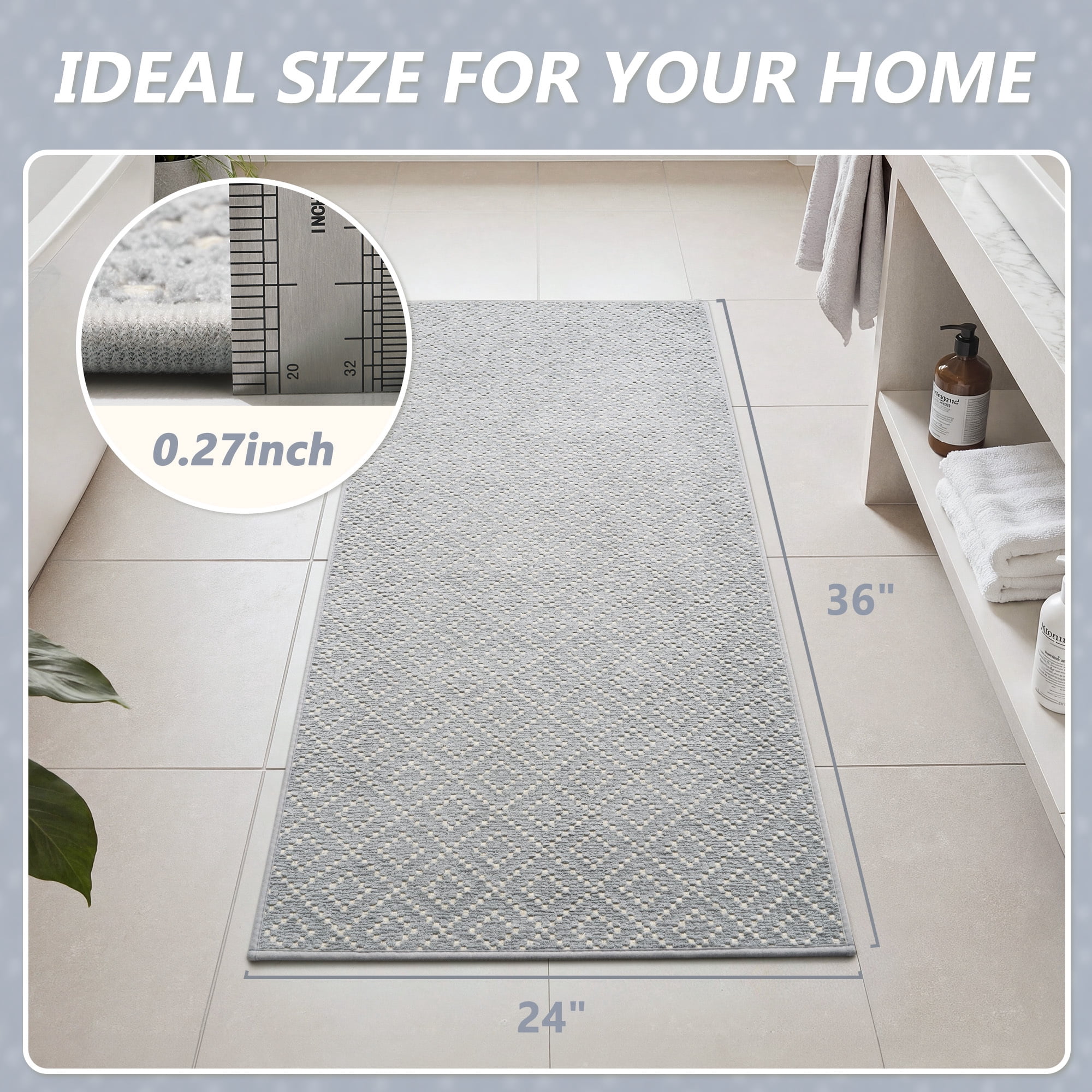 FEELHOME Bathroom Rug Diamond Pattern Absorbent Non Slip Bath Mat Soft Chenille Quick Dry Machine Washable Bathroom Mat with Rubber Backing Durable Bath Rug for Bathroom Floor 24"x35" Gray