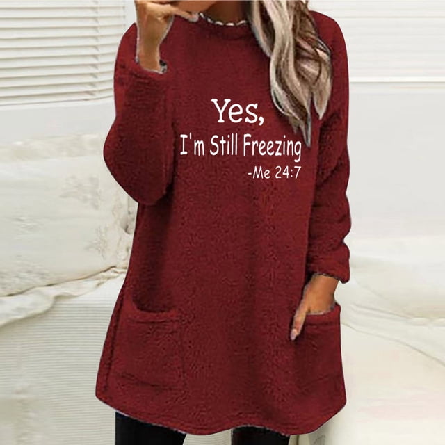 DPTALR Blouse à Manches Longues pour Femmes, Col Rond, Ample, Imprimée, avec Poche, Chaude, pour l'Hiver
