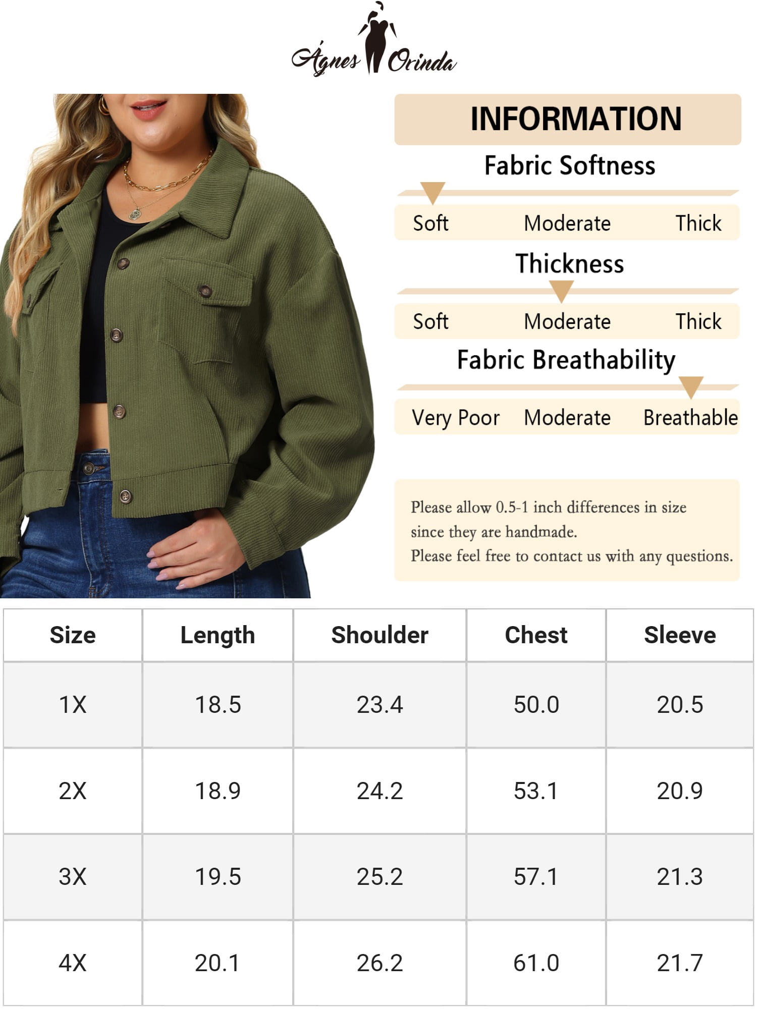DARING DIVA Women's Plus Size Button Down Long Sleeve Shacket Jacket 2X Army Green
