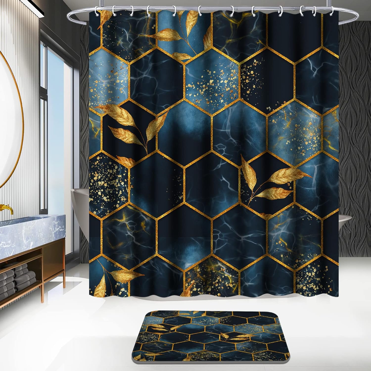 4 Pcs Bathroom Shower Curtain Set,Bathroom Sets with Rugs(Bath Mat,U Shape and Toilet Lid Cover Mat) and 12 Hooks,Sky Blue Honeycomb Marble