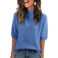 thumbnail image 2 of Women's Sweaters Casual High Neck Short Sleeve Knit Summer Pullover Sweater Tops Blue L, 2 of 5